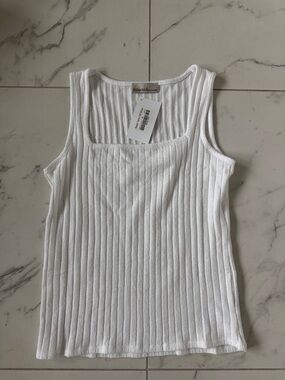 Zenana Outfitters White Ribbed Square Neck Tank